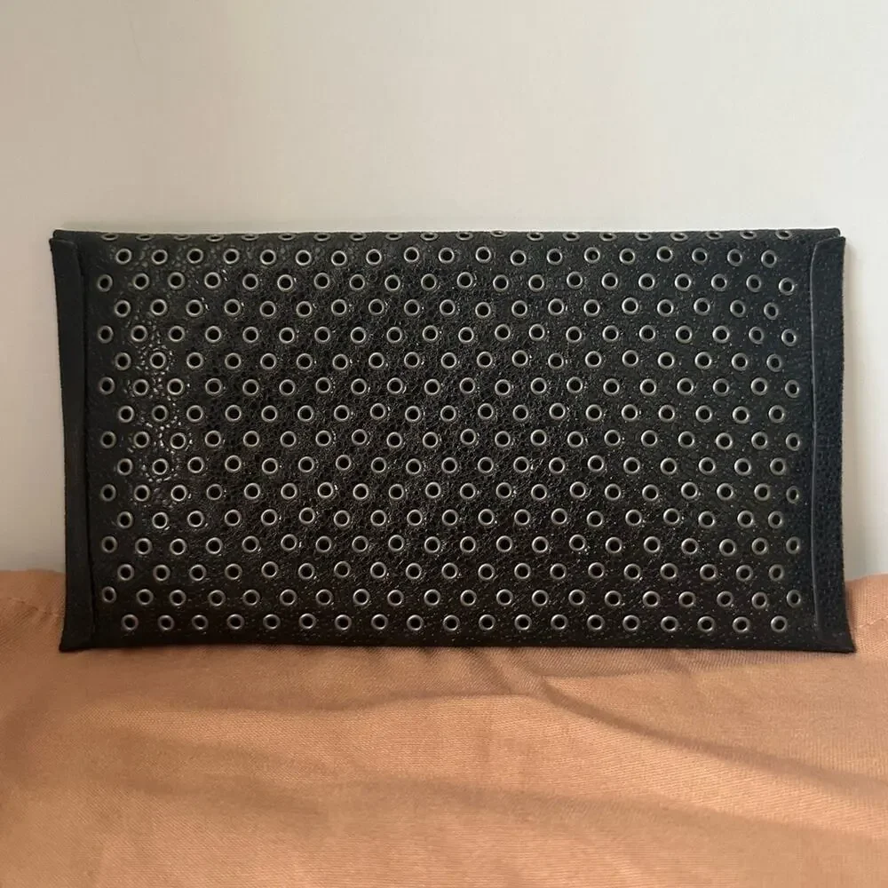 Azzedine Alaïa Studded Leather Envelope Clutch Black Silver-tone Grommets Rare
